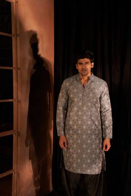 Beautiful greyish blue viscosee fabric wevon men's kurta payjama 1