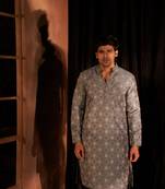 Beautiful greyish blue viscose fabric wevon designer men's kurta payjama