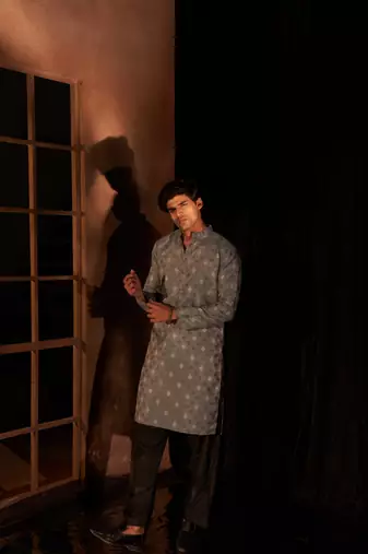 Beautiful greyish blue viscosee fabric wevon men's kurta payjama