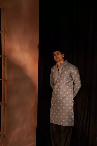 Beautiful greyish blue viscosee fabric wevon men's kurta payjama