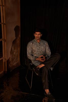 Beautiful greyish blue viscosee fabric wevon men's kurta payjama 5