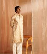 Beautiful off white viscose fabric wevon designer men's kurta payjama