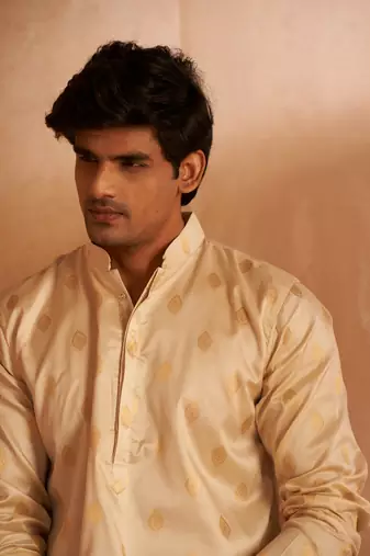 Beautiful off white viscosee fabric wevon men's kurta payjama