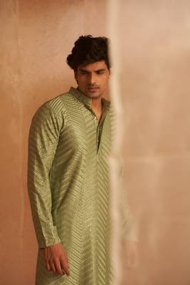 Beautiful pastel green viscosee fabric embroidery work men's kurta payjama 3