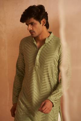 Beautiful pastel green viscosee fabric embroidery work men's kurta payjama 4