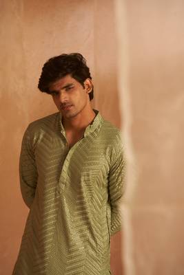 Beautiful pastel green viscosee fabric embroidery work men's kurta payjama 5