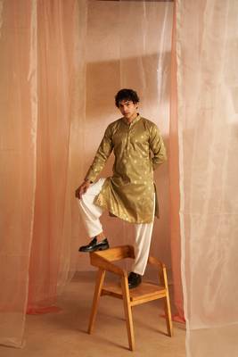 Beautiful green viscosee fabric wevon men's kurta payjama 1