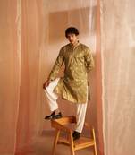 Beautiful green viscose fabric wevon designer men's kurta payjama