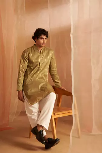 Beautiful green viscosee fabric wevon men's kurta payjama