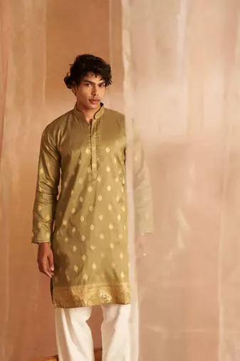 Beautiful green viscosee fabric wevon men's kurta payjama