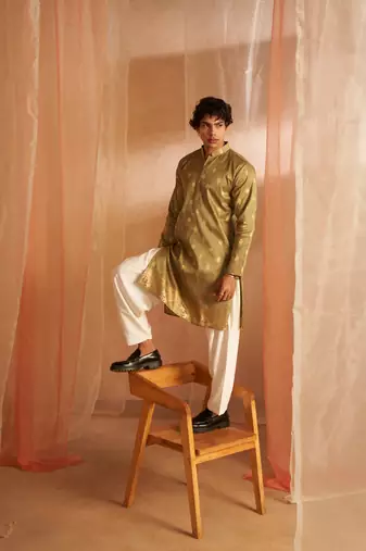 Beautiful green viscosee fabric wevon men's kurta payjama
