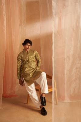 Beautiful green viscosee fabric wevon men's kurta payjama 5