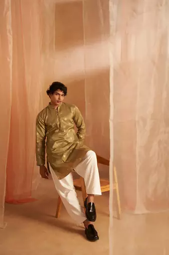 Beautiful green viscosee fabric wevon men's kurta payjama