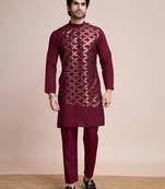 Maroon sequins embroidery work ethnic partywear men's kurta