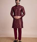 Maroon silk fabric heavy embroidery work glamorous partywear men's kurta