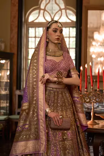 Purple Sparkle Print Soft Silk Lehenga with Blouse- Free Size Stitched(Size upto 42")