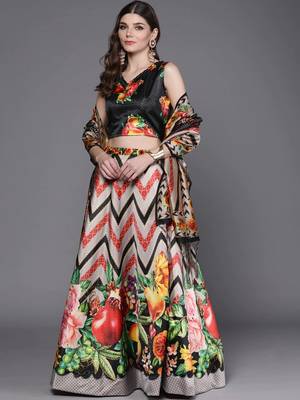 Black Digital Printed Silk Fabric Ceremonial Girlie Lehenga Choli 1