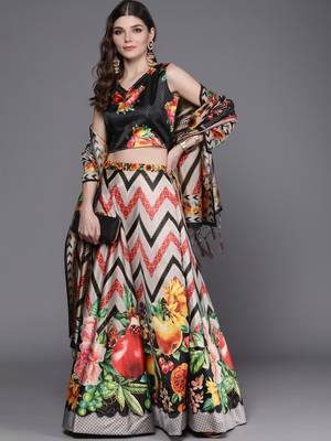 Black Digital Printed Silk Fabric Ceremonial Girlie Lehenga Choli 4