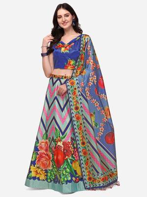 Blue Digital Printed Silk Fabric Ceremonial Girlie Lehenga Choli 1