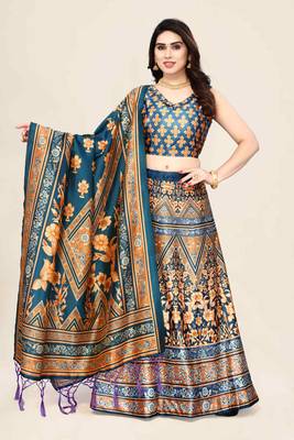Teal Blue Silk Fabric Ethnic Looks Printed Lehenga Choli 1