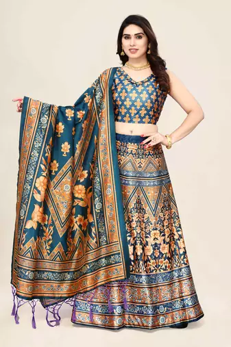 Teal Blue Silk Fabric Ethnic Looks Designer Printed Lehenga Choli