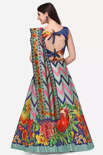 Blue Digital Printed Silk Fabric Ceremonial Girlie Lehenga Choli