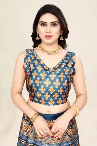 Teal Blue Silk Fabric Ethnic Looks Printed Lehenga Choli