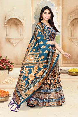 Teal Blue Silk Fabric Ethnic Looks Printed Lehenga Choli 4