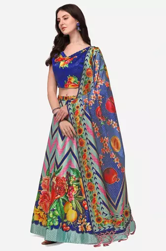 Blue Digital Printed Silk Fabric Ceremonial Girlie Lehenga Choli