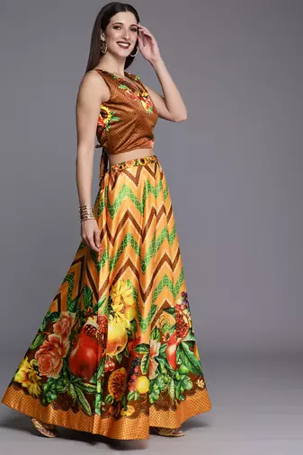 Mustard Digital Printed Silk Fabric Ceremonial Girlie Lehenga Choli