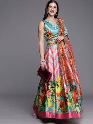 Sky Blue Digital Printed Silk Fabric Ceremonial Girlie Lehenga Choli 4