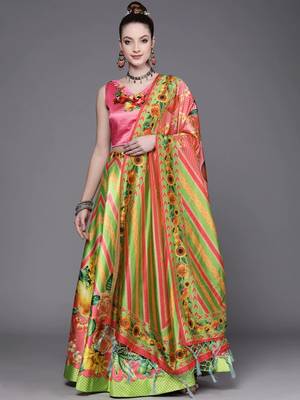 Pink Digital Printed Silk Fabric Ceremonial Girlie Lehenga Choli 1