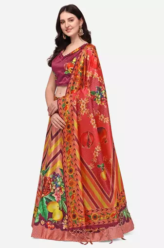 Wine Digital Printed Silk Fabric Ceremonial Girlie Lehenga Choli