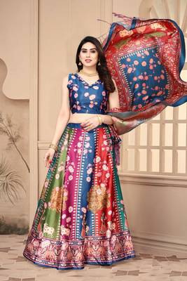 Blue Silk Fabric Ethnic Look Printed Lehenga Choli 1