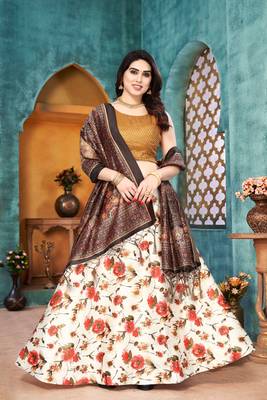 Olive Silk Fabric Ethnic Look Printed Lehenga Choli 1