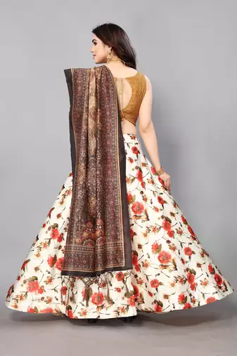 Olive Silk Fabric Ethnic Look Printed Lehenga Choli