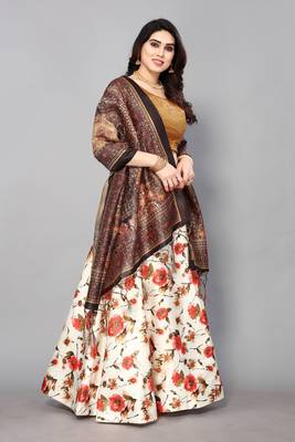 Olive Silk Fabric Ethnic Look Printed Lehenga Choli 4