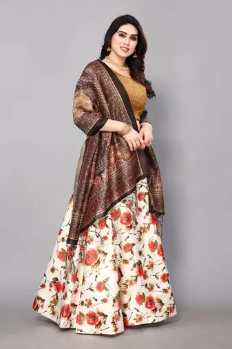Olive Silk Fabric Ethnic Look Printed Lehenga Choli