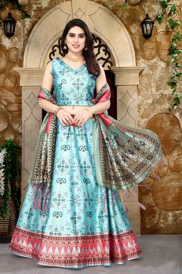 Sky Blue Silk Fabric Ethnic Look Printed Lehenga Choli 1