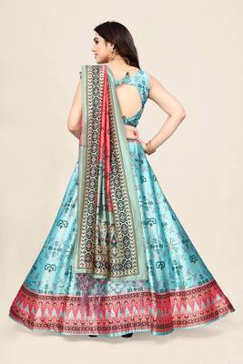 Sky Blue Silk Fabric Ethnic Look Printed Lehenga Choli 2
