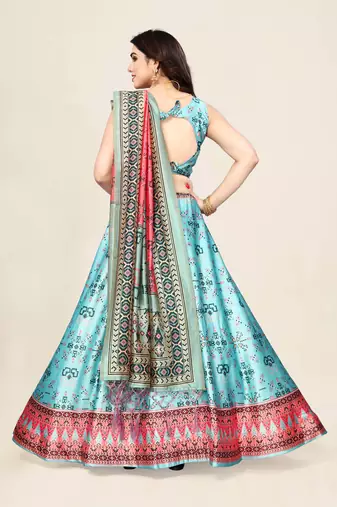 Sky Blue Silk Fabric Ethnic Look Printed Lehenga Choli