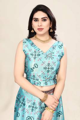 Sky Blue Silk Fabric Ethnic Look Printed Lehenga Choli 3