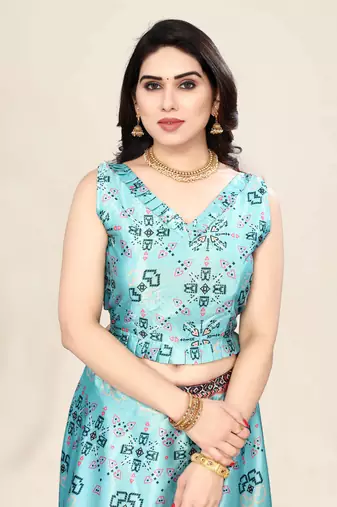 Sky Blue Silk Fabric Ethnic Look Printed Lehenga Choli