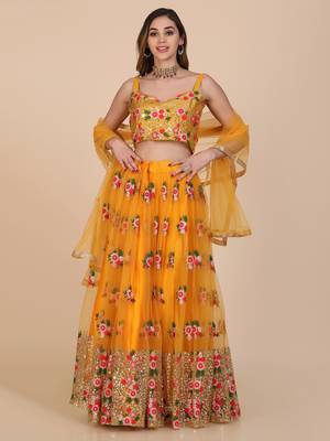 Yellow Net Fabric Embroidery Work Girlie Bridesmaid Lehenga 1