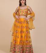 Yellow Net Fabric Embroidery Work Girlie Bridesmaid Lehenga