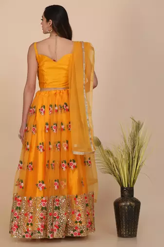 Yellow Net Fabric Embroidery Work Girlie Bridesmaid Lehenga