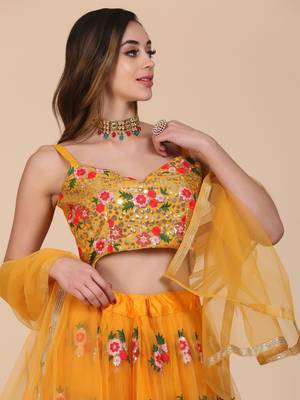 Yellow Net Fabric Embroidery Work Girlie Bridesmaid Lehenga 3