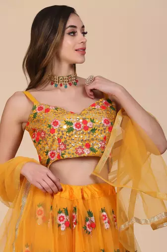 Yellow Net Fabric Embroidery Work Girlie Bridesmaid Lehenga
