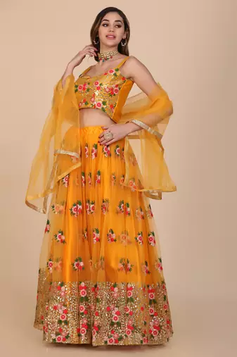 Yellow Net Fabric Embroidery Work Girlie Bridesmaid Lehenga