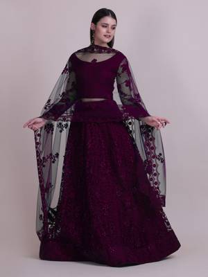 Purple Net Fabric Embroidery Work Girlie Bridesmaid Lehenga 1
